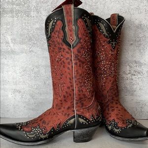 Johnny Ringo Dk Red Leop Studded Cowboy Boot Sz 8M